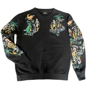 Zara Embroidered Skeleton Surf Sweatshirt Mens M Black Goth‎ Streetwear Artwear